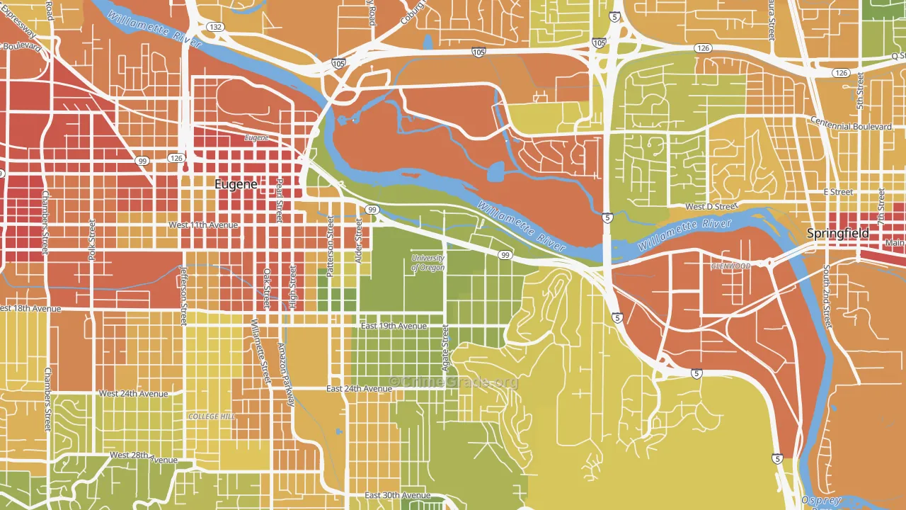 U of O Campus, Eugene, OR Map of Drug-Related Crime Rates