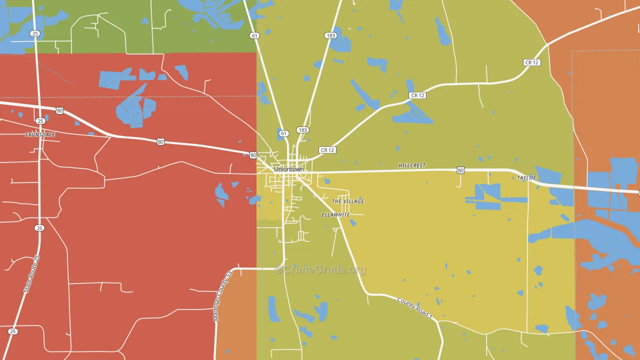 Uniontown, AL Map of Drug-Related Crime Rates