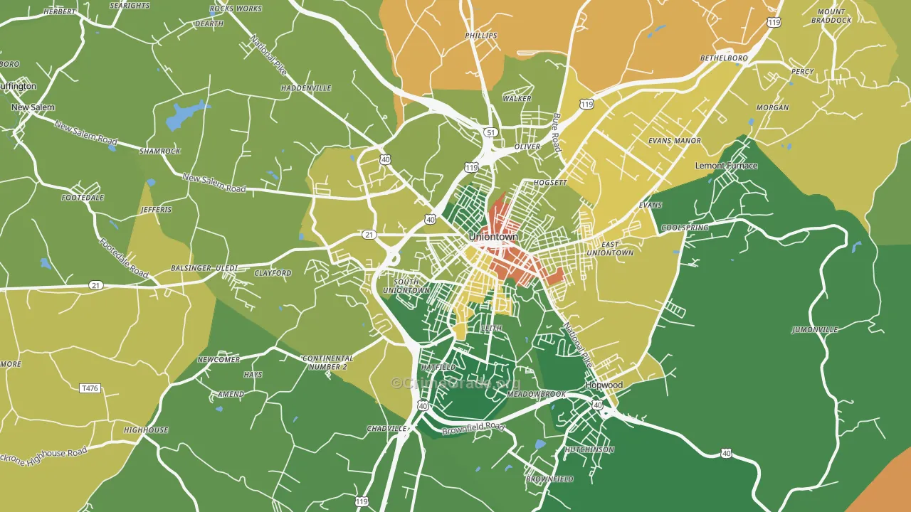 Uniontown, PA Map of Drug-Related Crime Rates