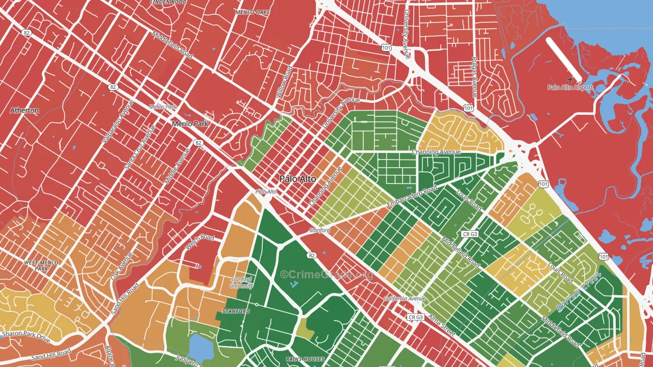 University South, Palo Alto, CA Map of Drug-Related Crime Rates