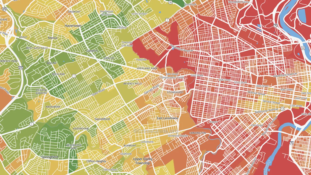 Upper Darby, PA Map of Drug-Related Crime Rates
