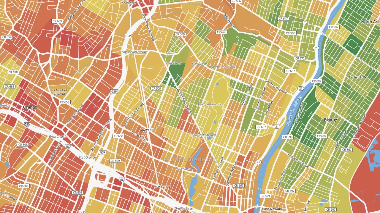 Upper Roseville, Newark, NJ Map of Drug-Related Crime Rates