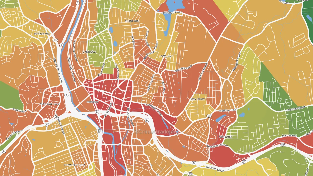 Walnut Orange Walsh, Waterbury, CT Map of Drug-Related Crime Rates
