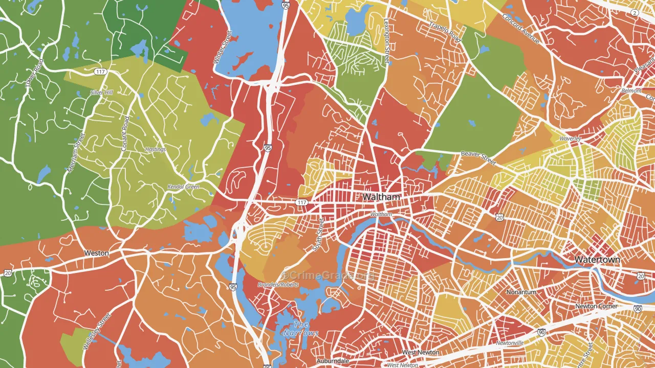 Waltham Highlands, Waltham, MA Map of Drug-Related Crime Rates