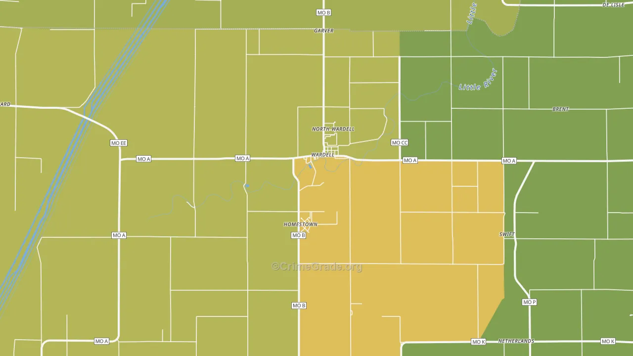 Wardell, MO Map of Drug-Related Crime Rates
