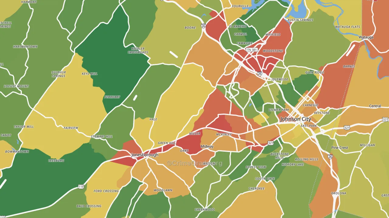 Washington County, TN Map of Drug-Related Crime Rates
