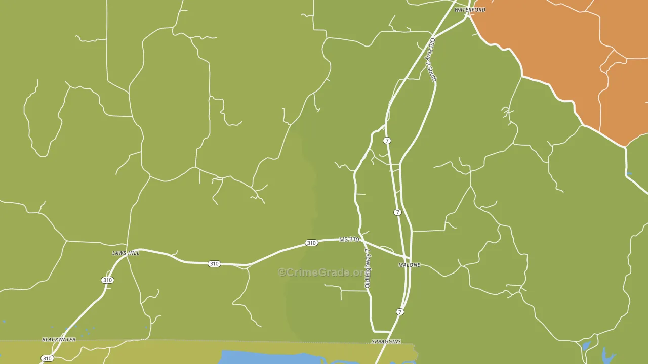 Waterford, MS Map of Drug-Related Crime Rates