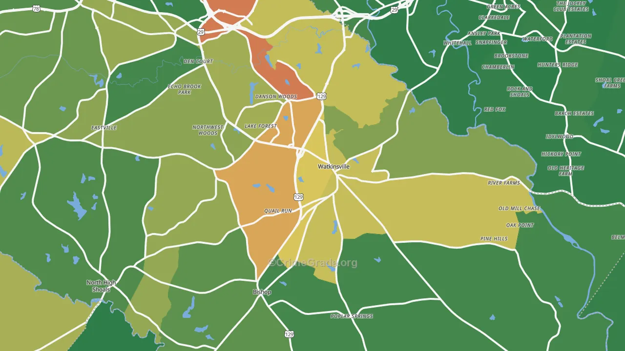 Watkinsville, GA Map of Drug-Related Crime Rates