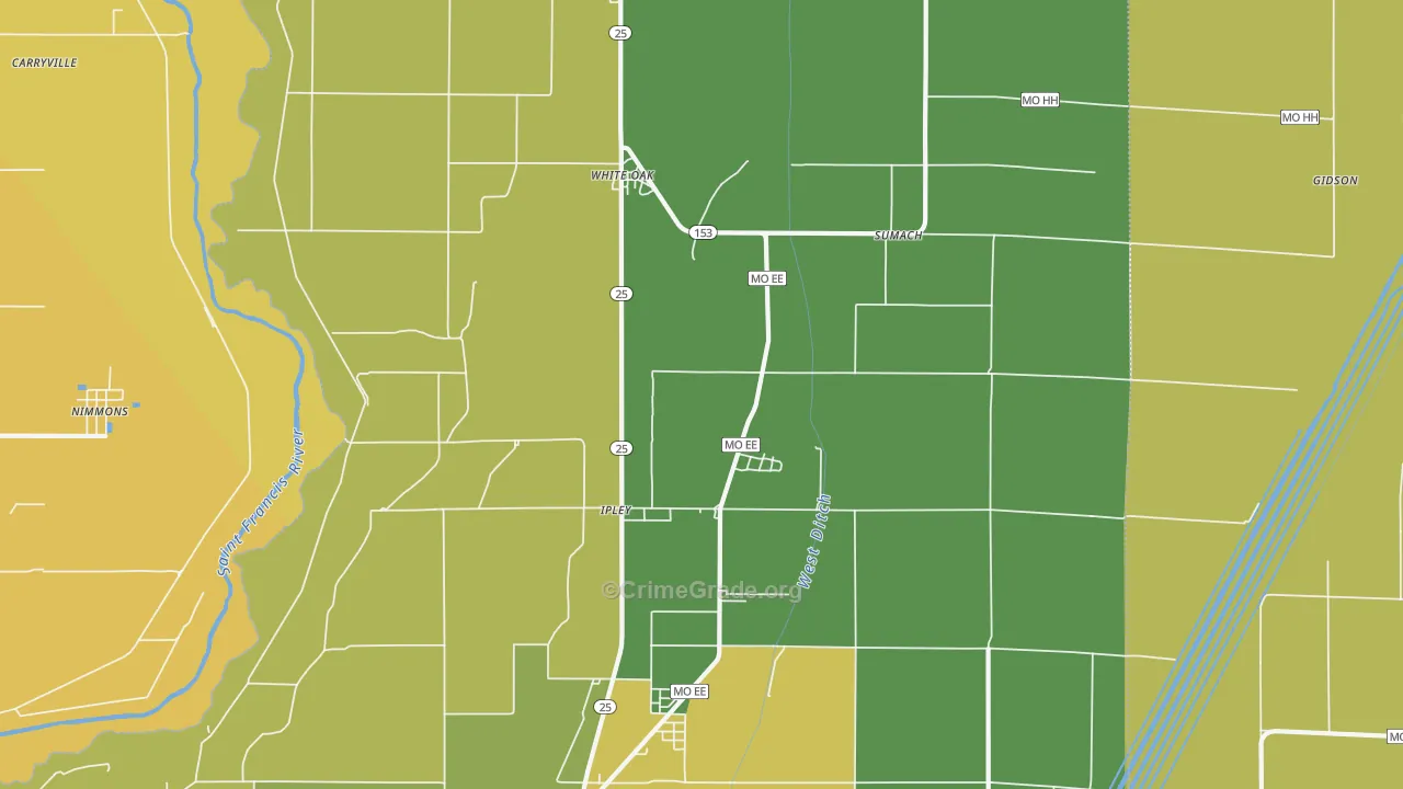 Whiteoak, MO Map of Drug-Related Crime Rates
