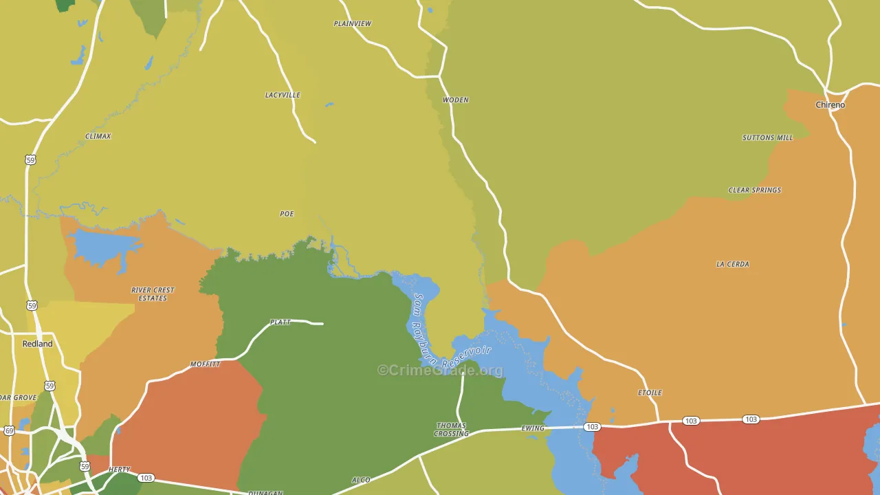 Woden, TX Map of Drug-Related Crime Rates