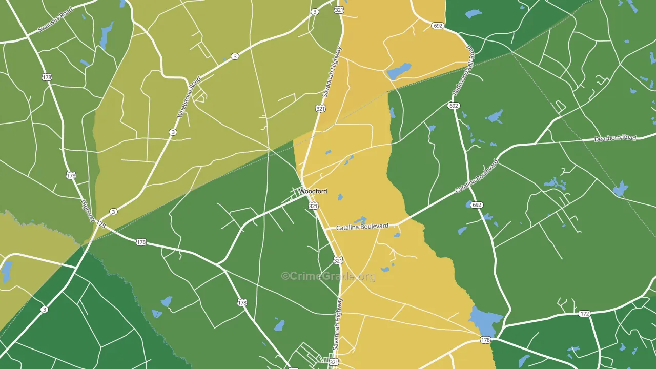 Woodford, SC Map of Drug-Related Crime Rates