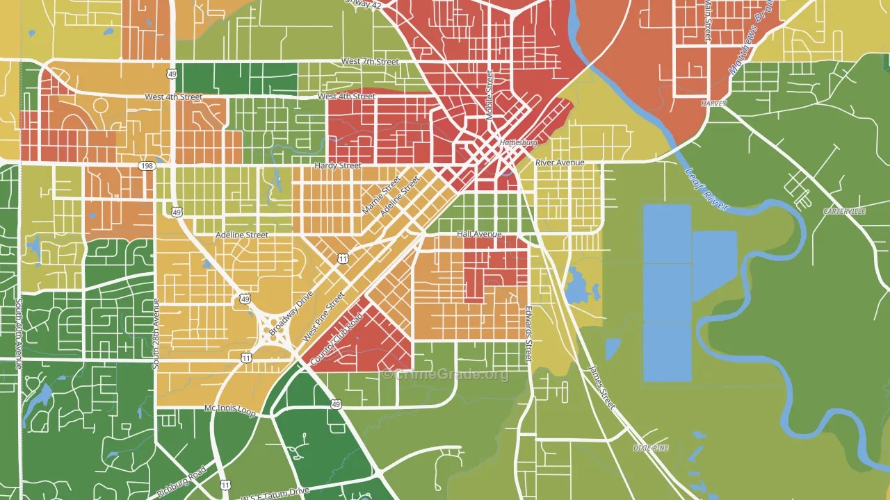Woodlawn Court, Hattiesburg, MS Map of Drug-Related Crime Rates