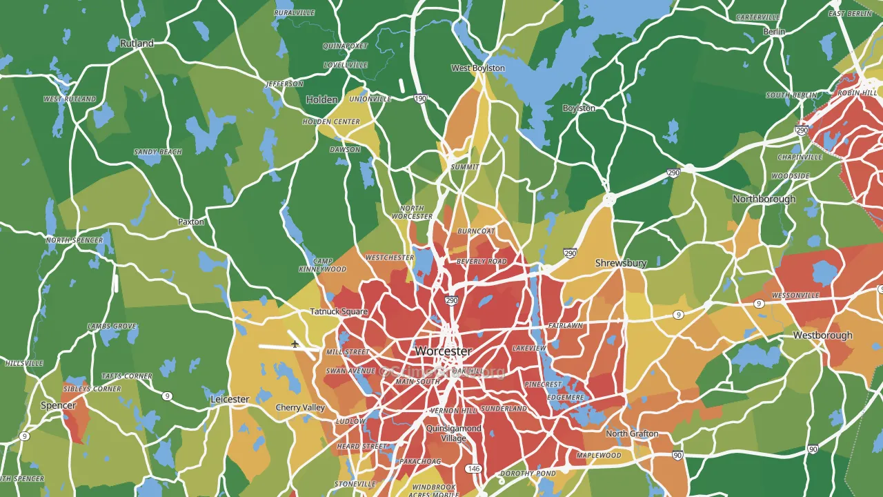 Worcester County, MA Map of Drug-Related Crime Rates