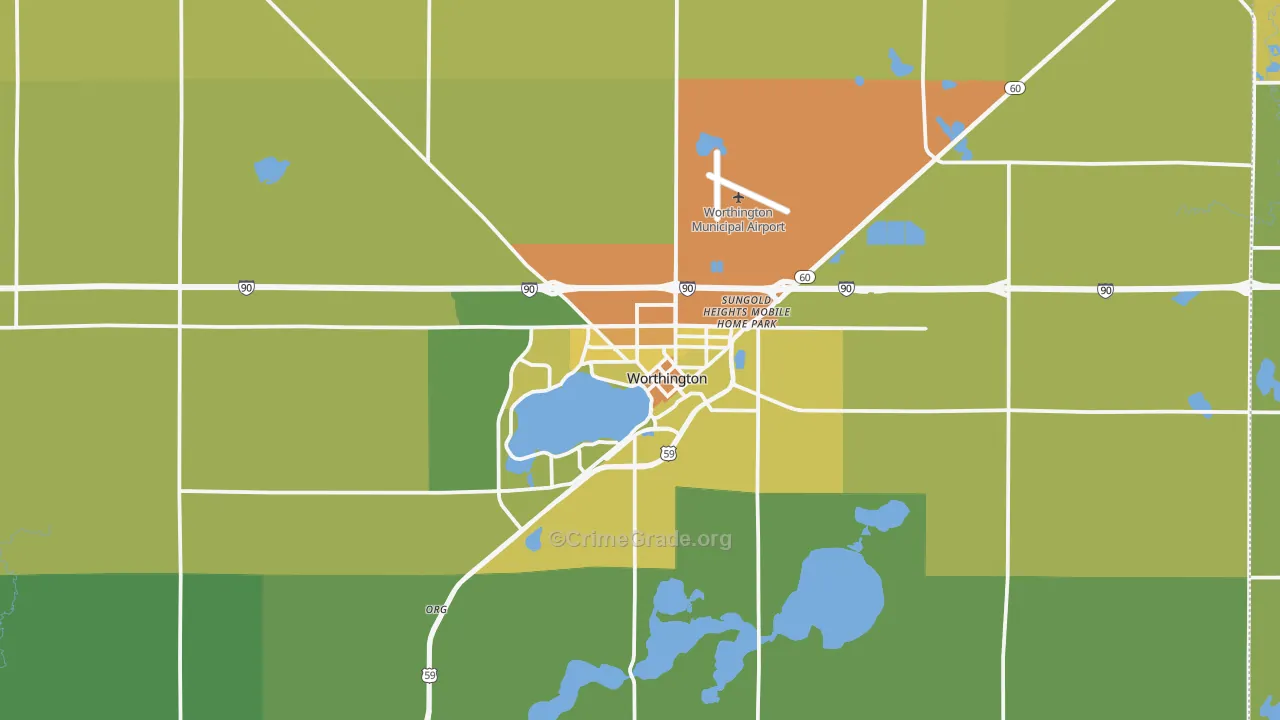 Worthington, MN Map of Drug-Related Crime Rates