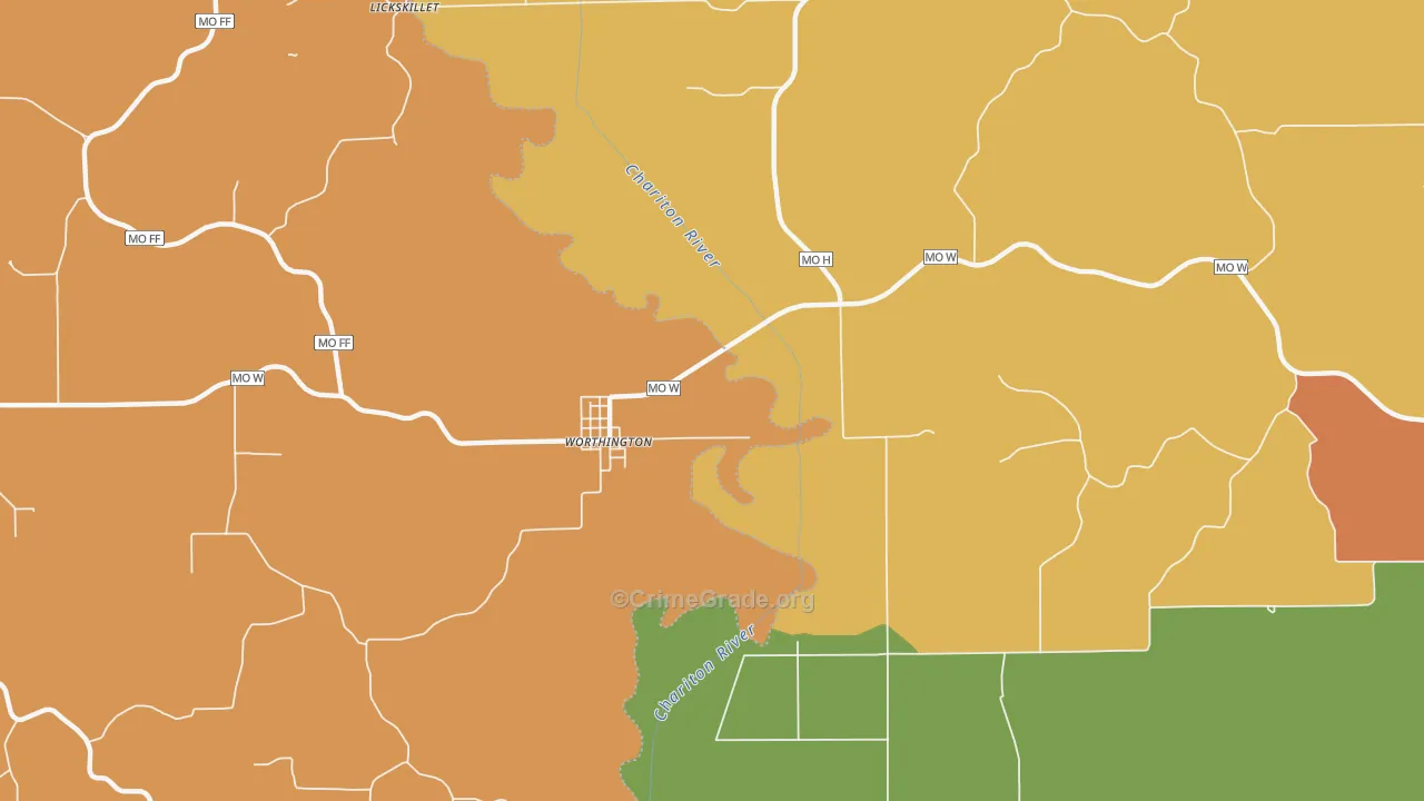 Worthington, MO Map of Drug-Related Crime Rates