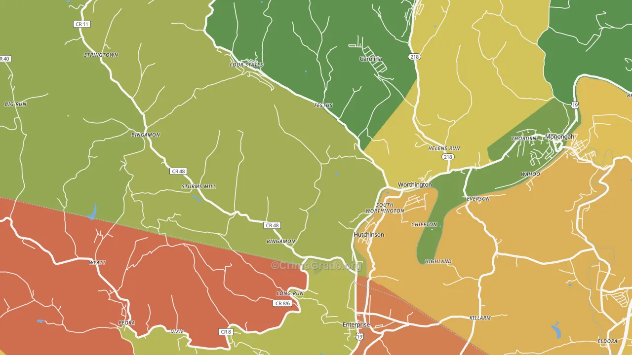 Worthington, WV Map of Drug-Related Crime Rates
