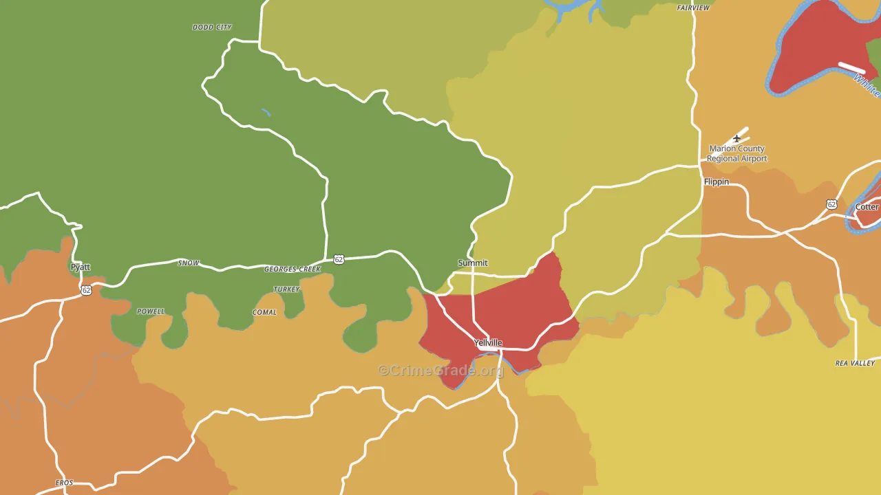 Yellville, AR Map of Drug-Related Crime Rates