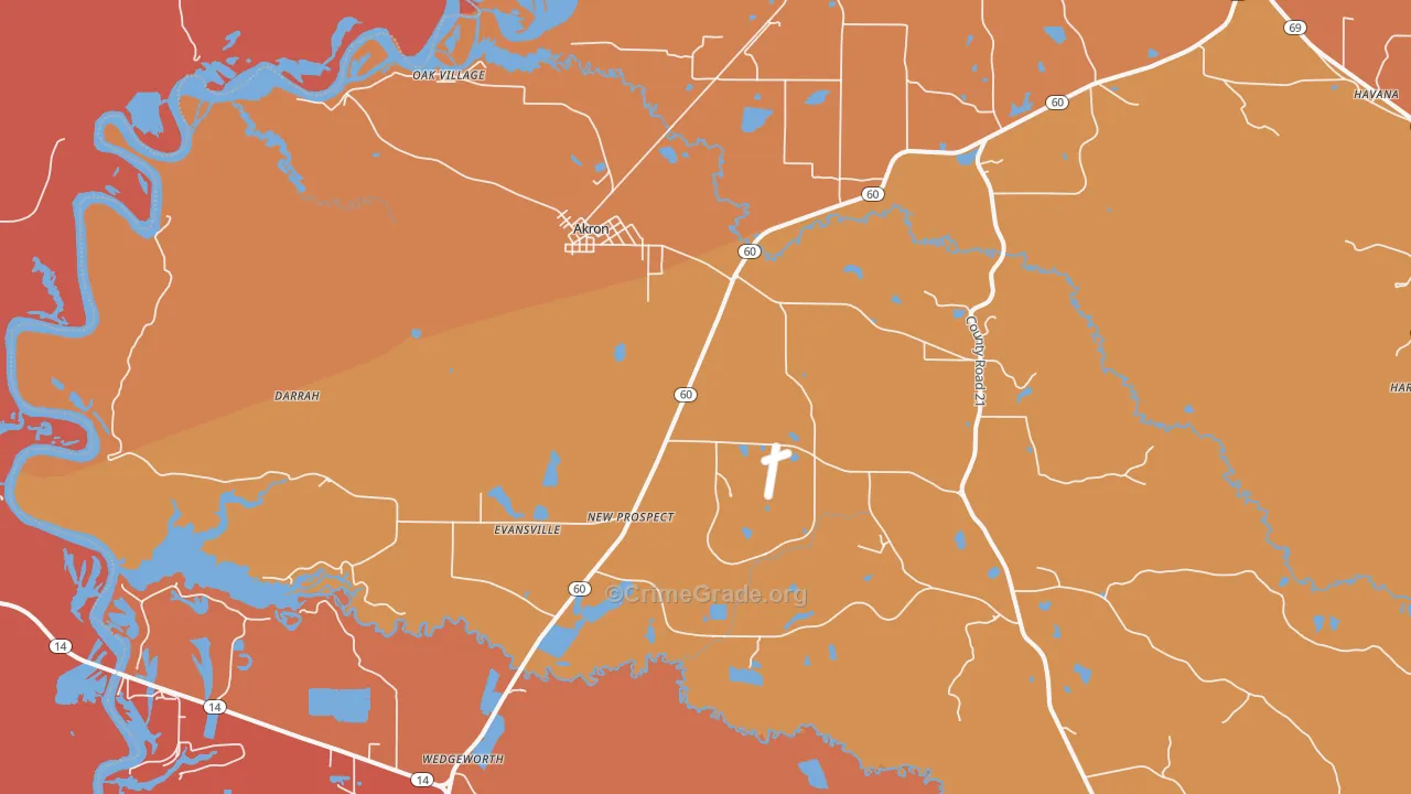 Akron, AL Map of Murder Rates
