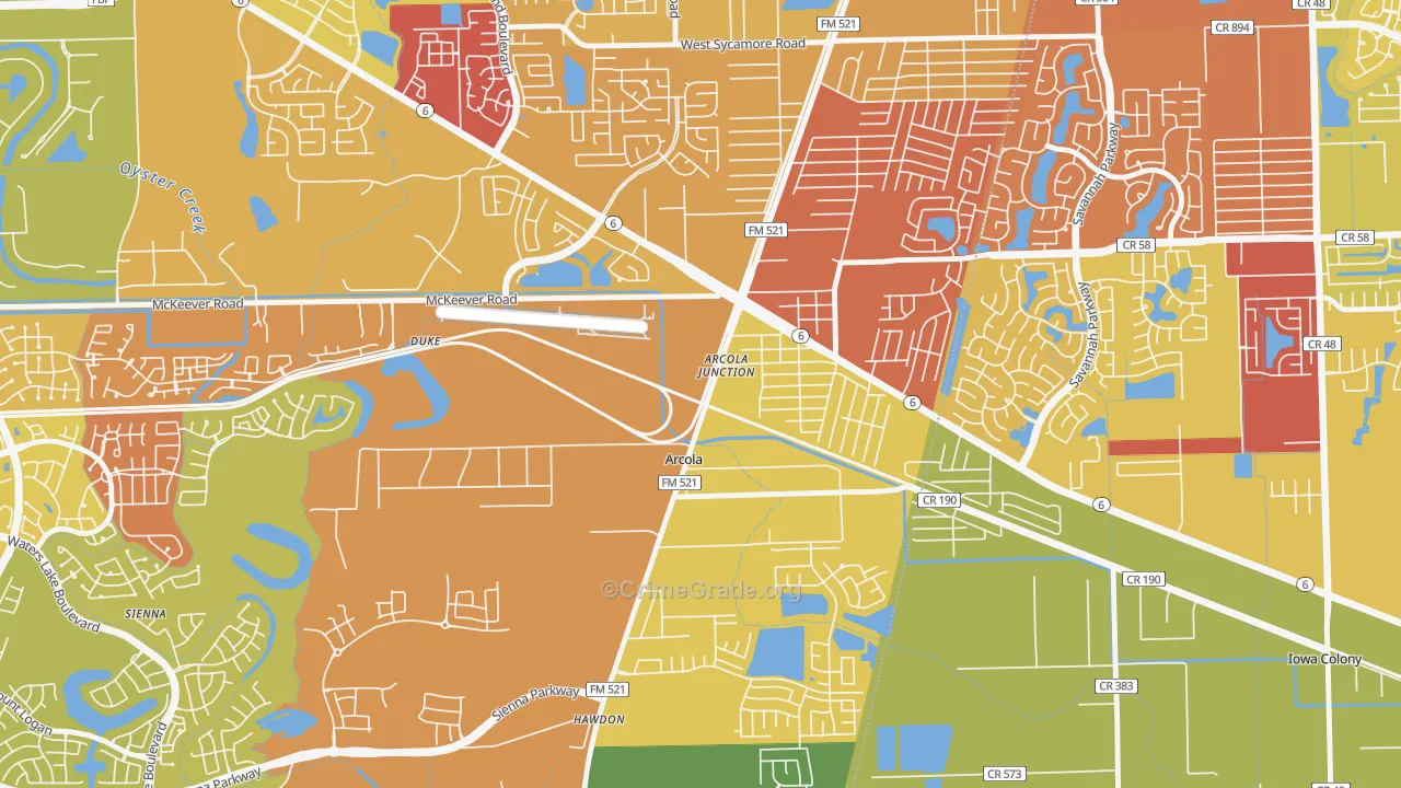 Arcola, TX Map of Murder Rates