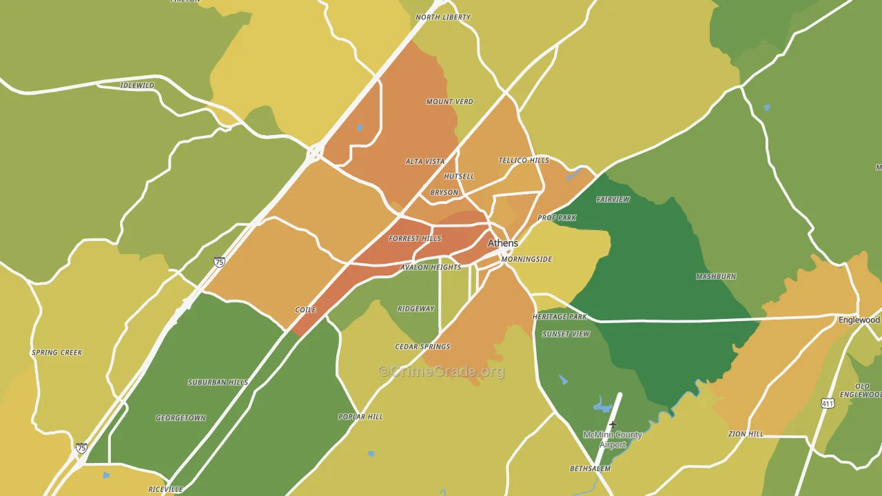 Athens, TN Map of Murder Rates
