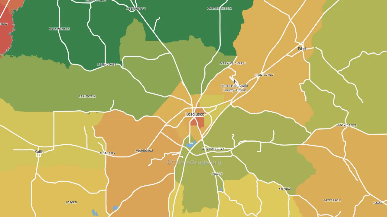 Attala County, MS Map of Murder Rates