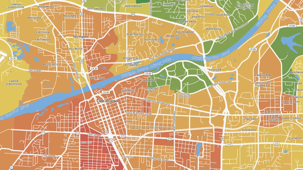 Audubon Place, Tuscaloosa, AL Map of Murder Rates