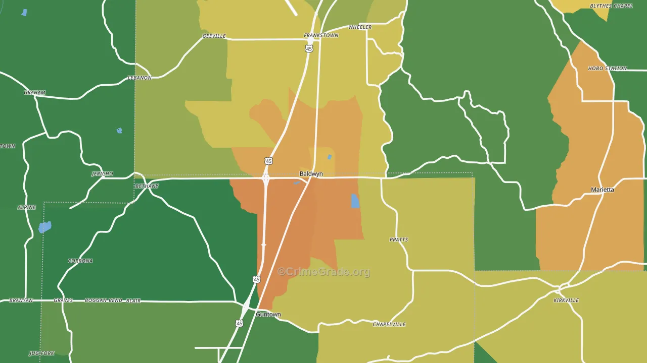 Baldwyn, MS Map of Murder Rates