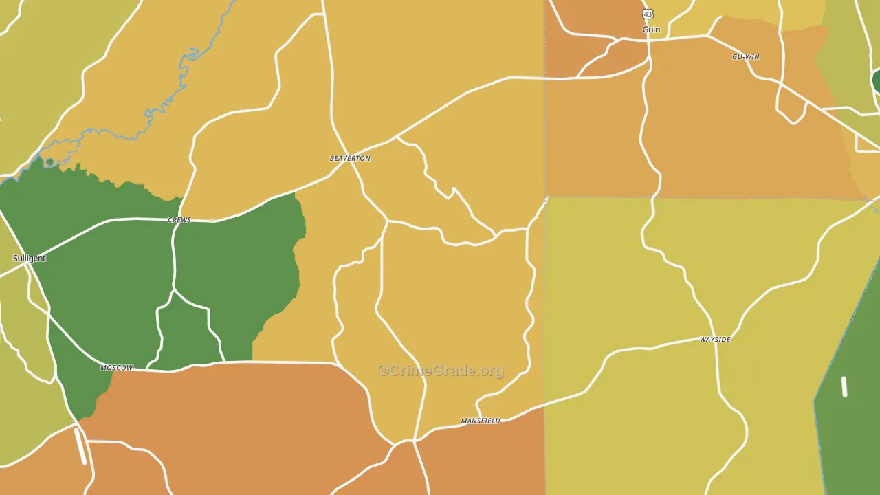 Beaverton, AL Map of Murder Rates