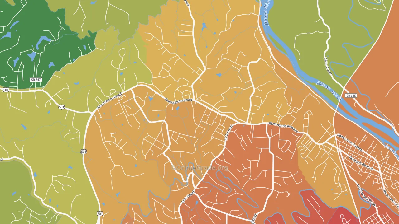 Bedford Hills, Lynchburg, VA Map of Murder Rates