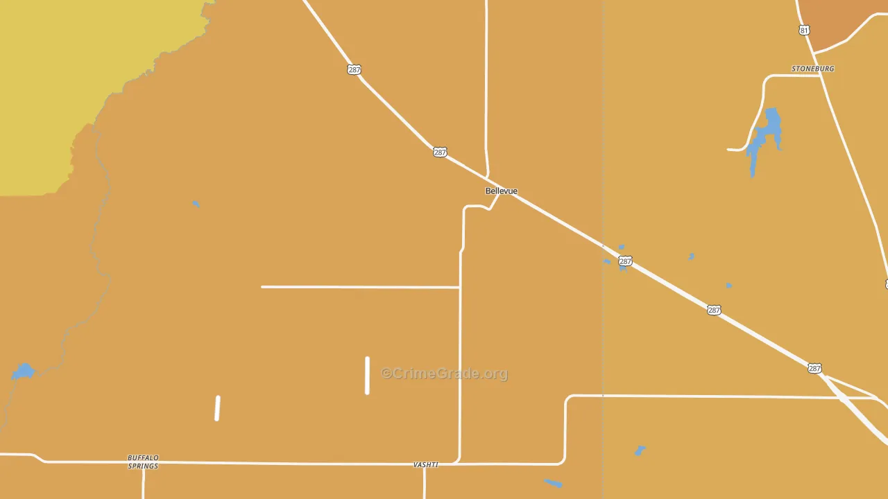 Bellevue, TX Map of Murder Rates