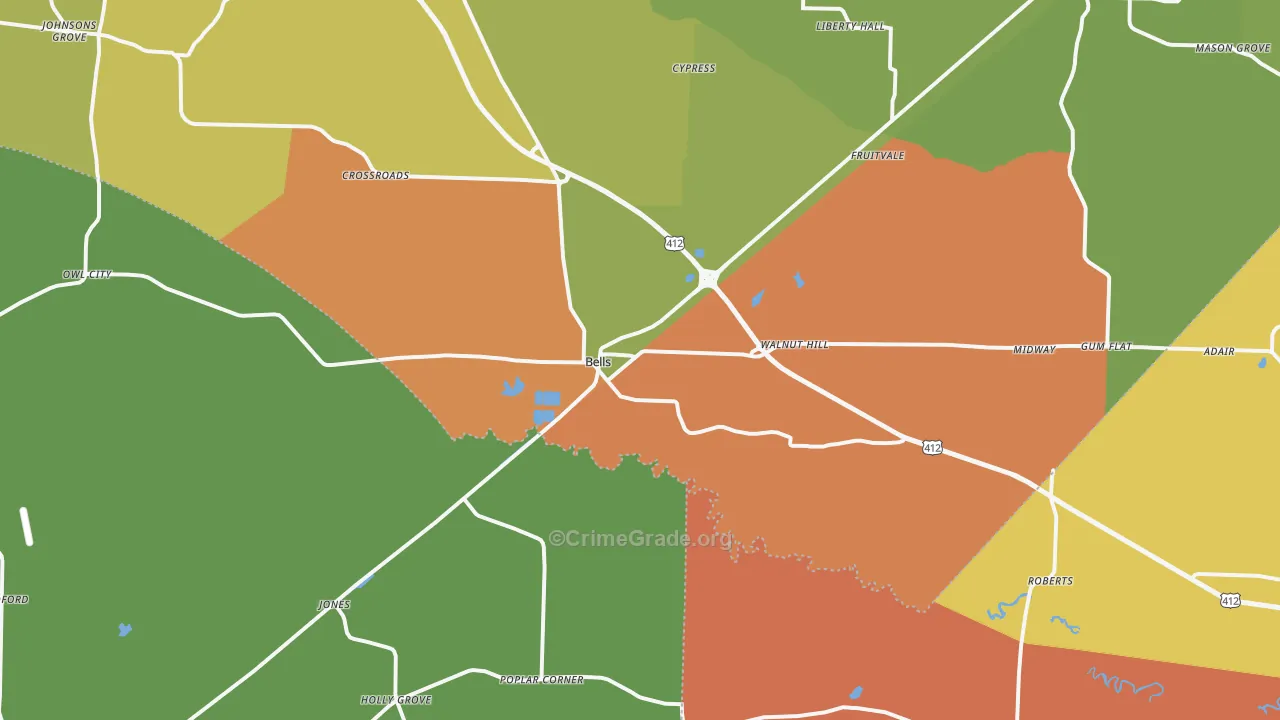 Bells, TN Map of Murder Rates