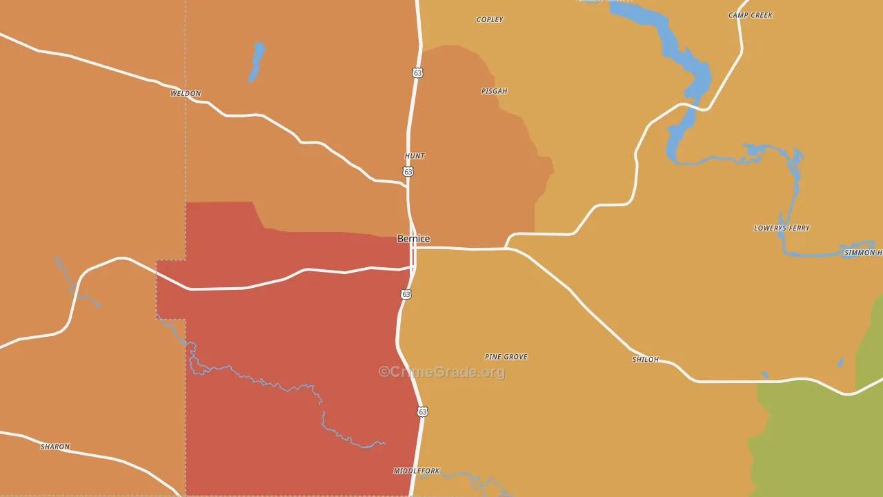 Bernice, LA Map of Murder Rates