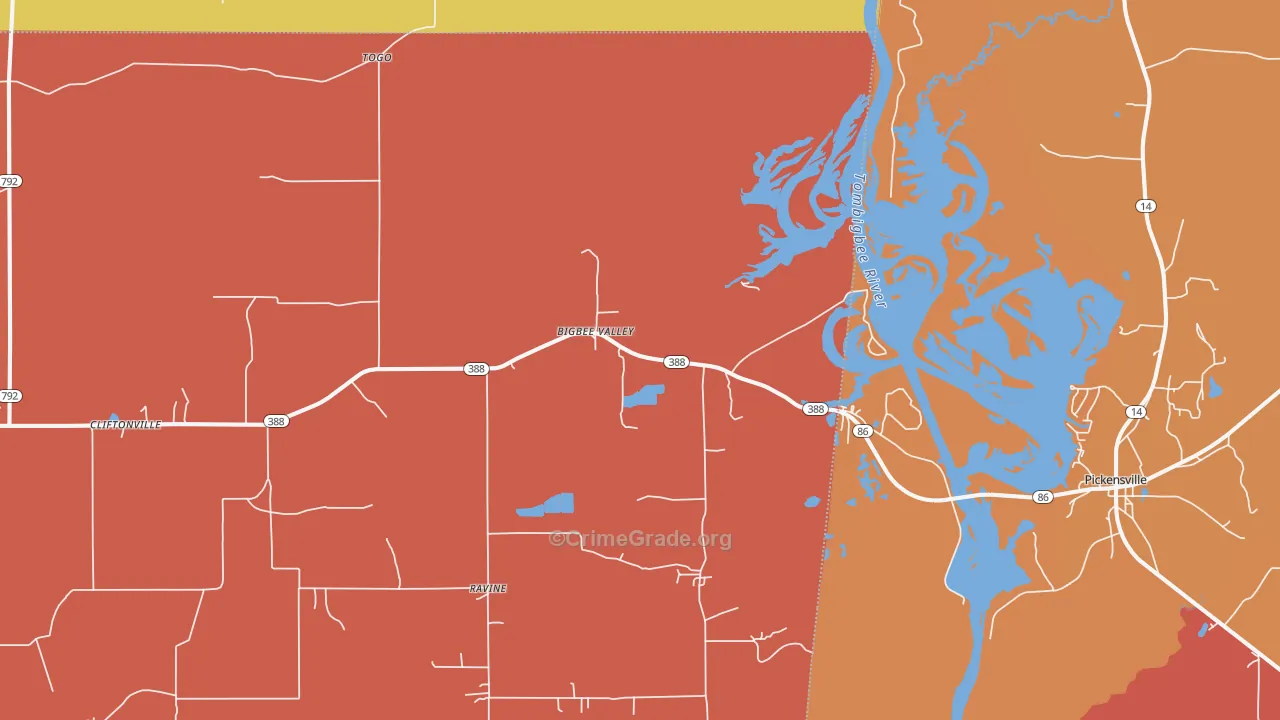 Bigbee Valley, MS Map of Murder Rates