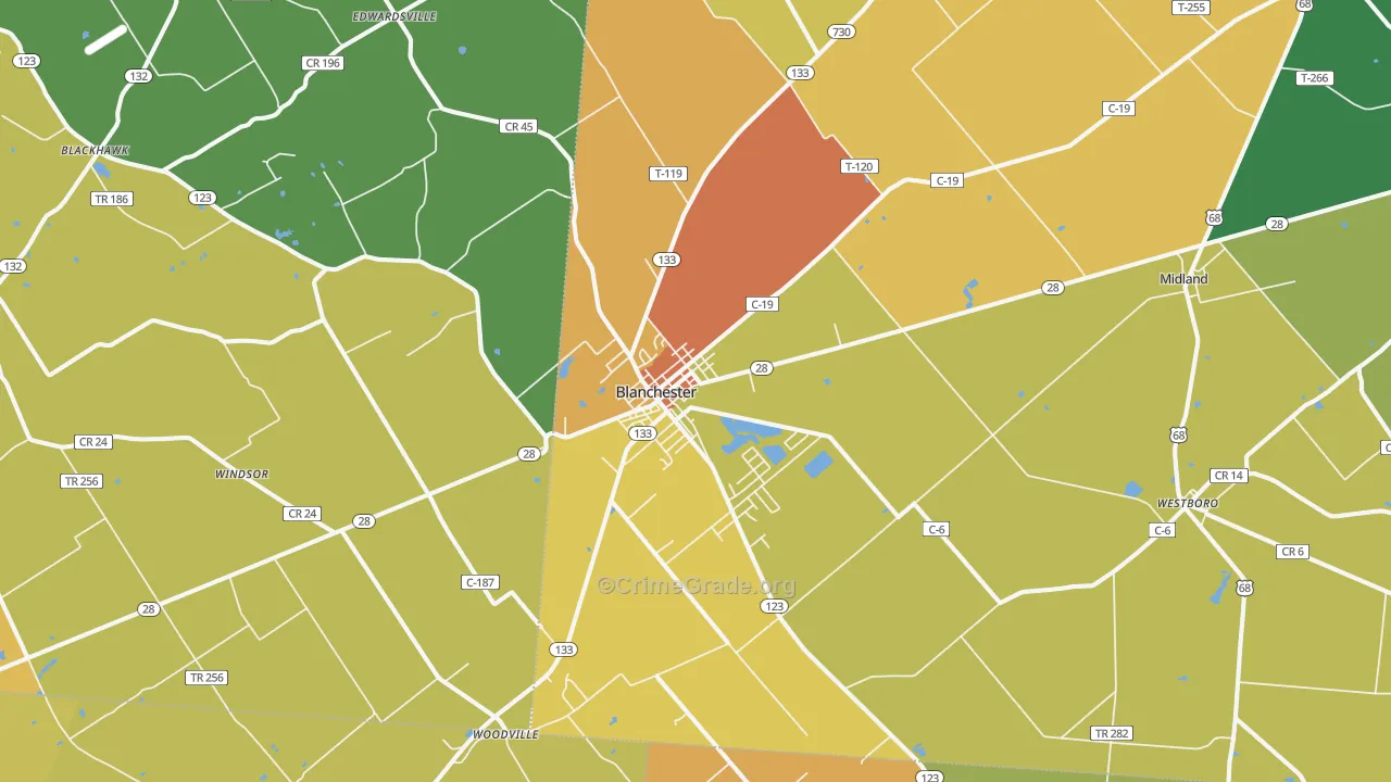 Blanchester, OH Map of Murder Rates