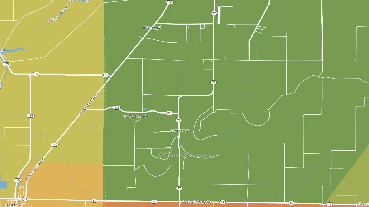 Bondsville, AR Map of Murder Rates