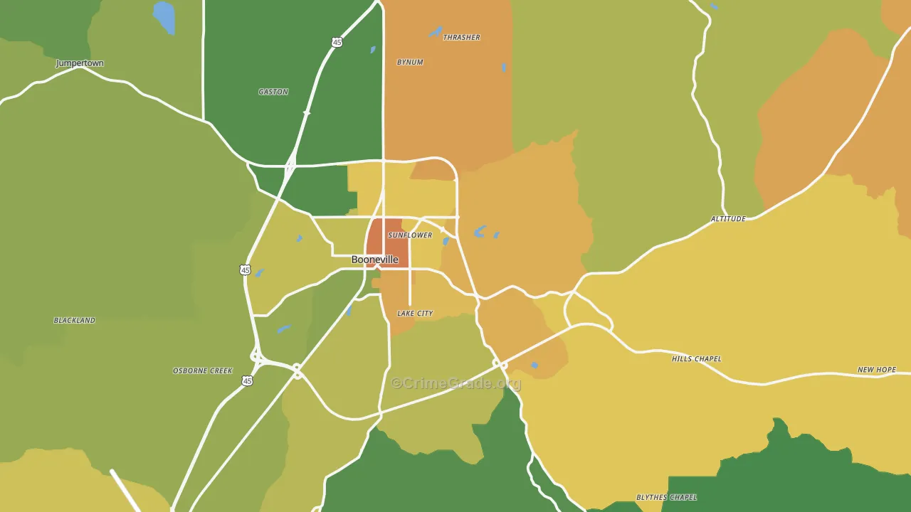 Booneville, MS Map of Murder Rates