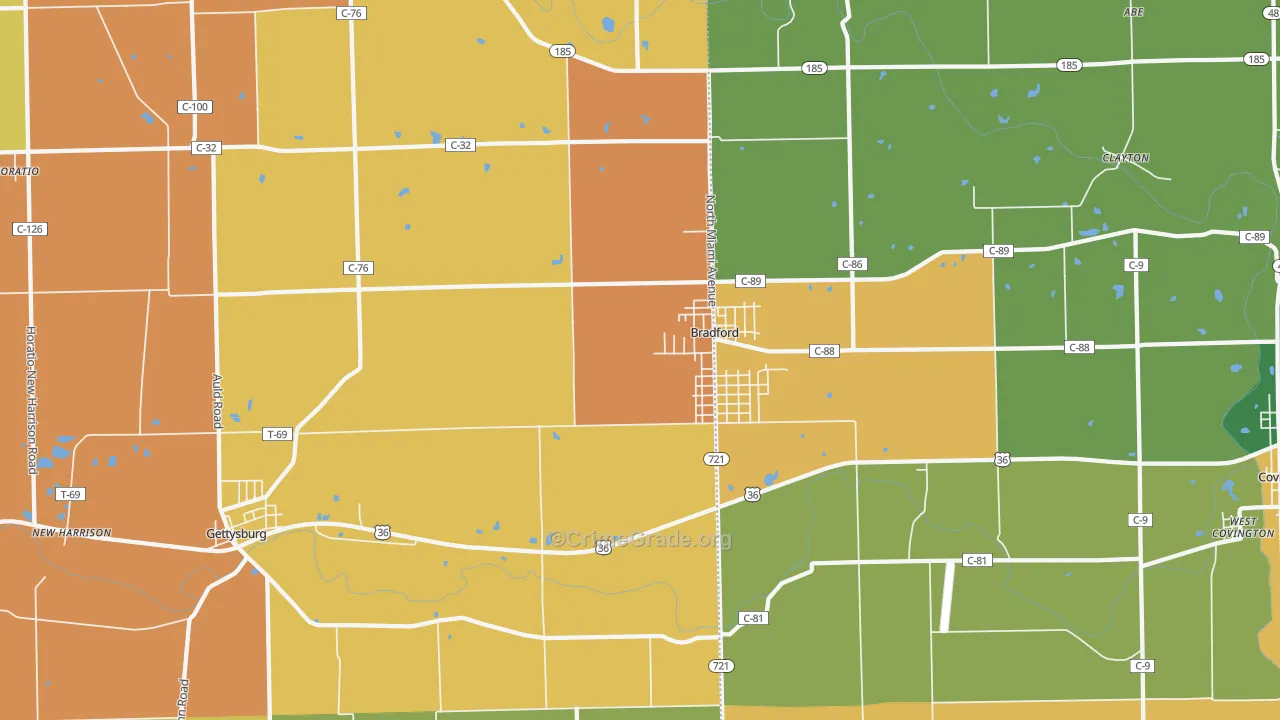Bradford, OH Map of Murder Rates