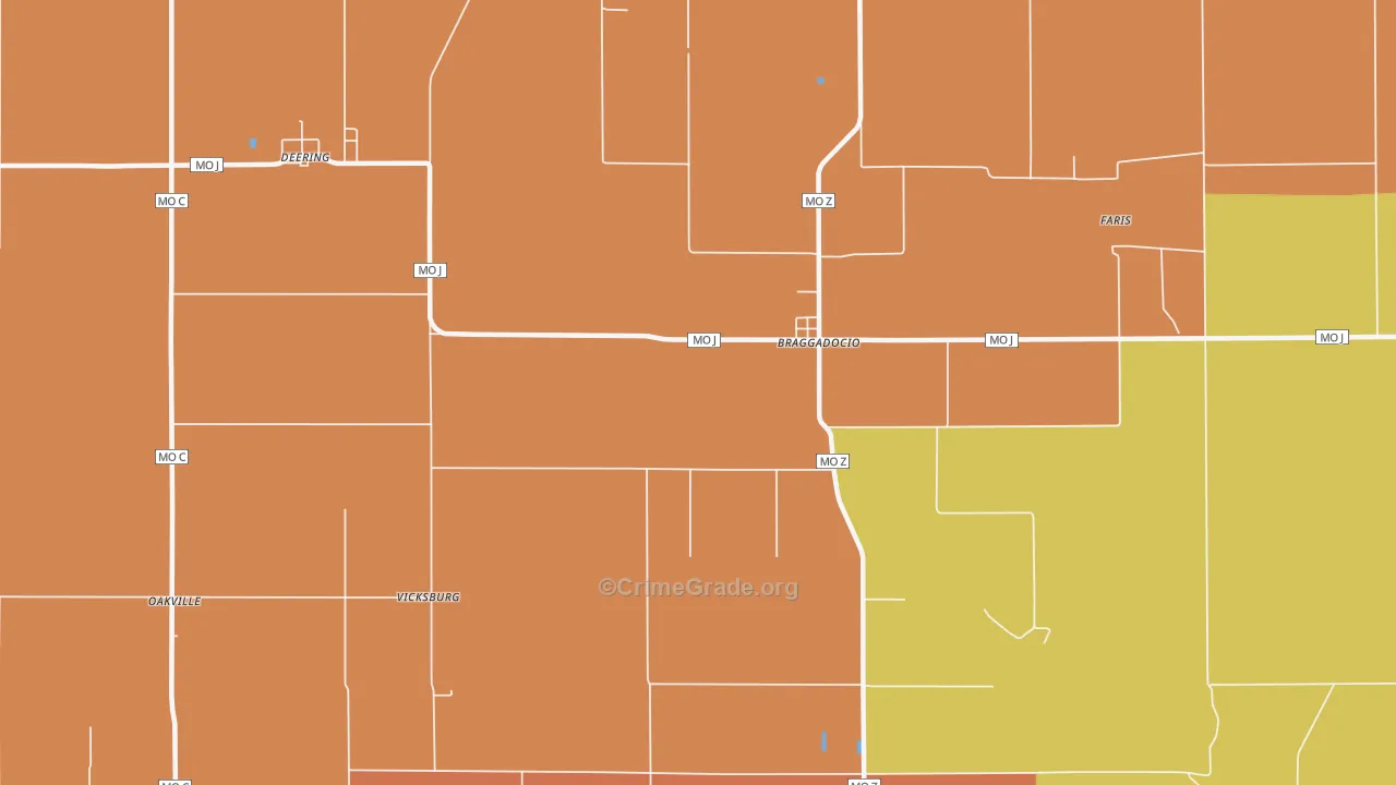 Braggadocio, MO Map of Murder Rates