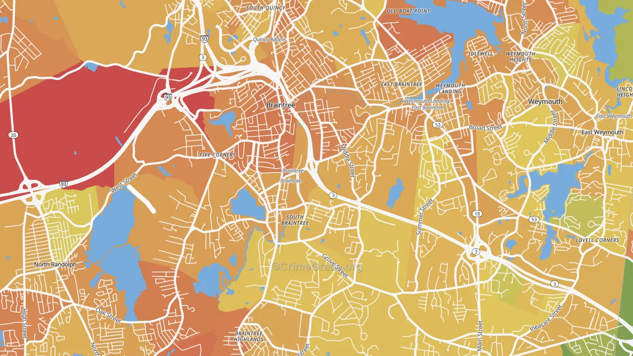 Braintree Town, MA Map of Murder Rates