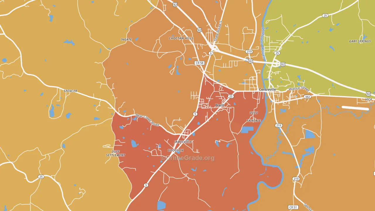 Brent, AL Map of Murder Rates