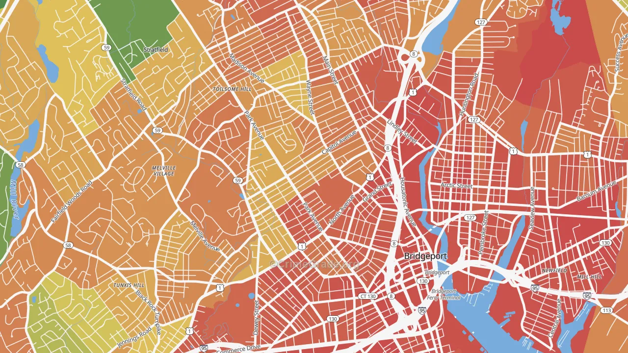 Brooklawn-St. Vincent, Bridgeport, CT Map of Murder Rates