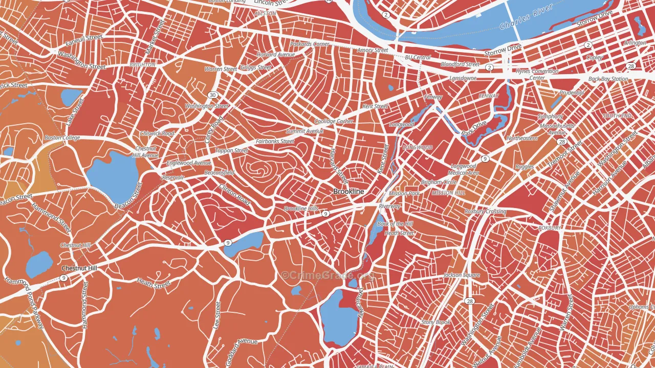 Brookline Village Commercial District, Brookline, MA Map of Murder Rates