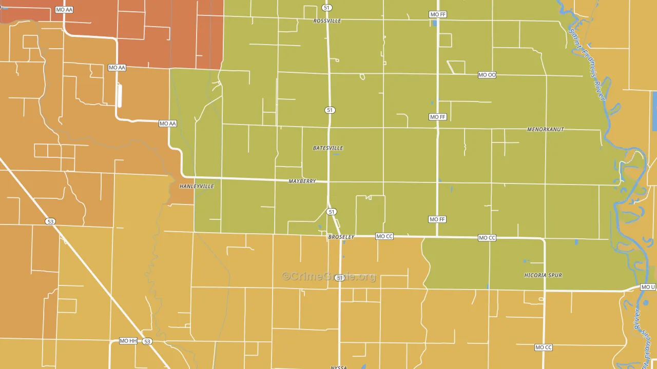 Broseley, MO Map of Murder Rates