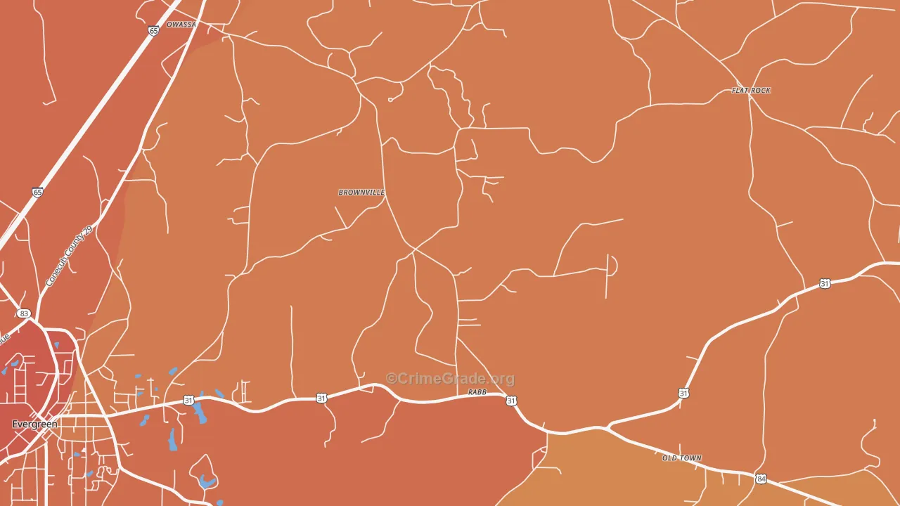 Brownville, AL Map of Murder Rates
