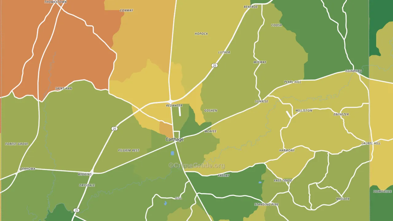 Carthage, MS Map of Murder Rates