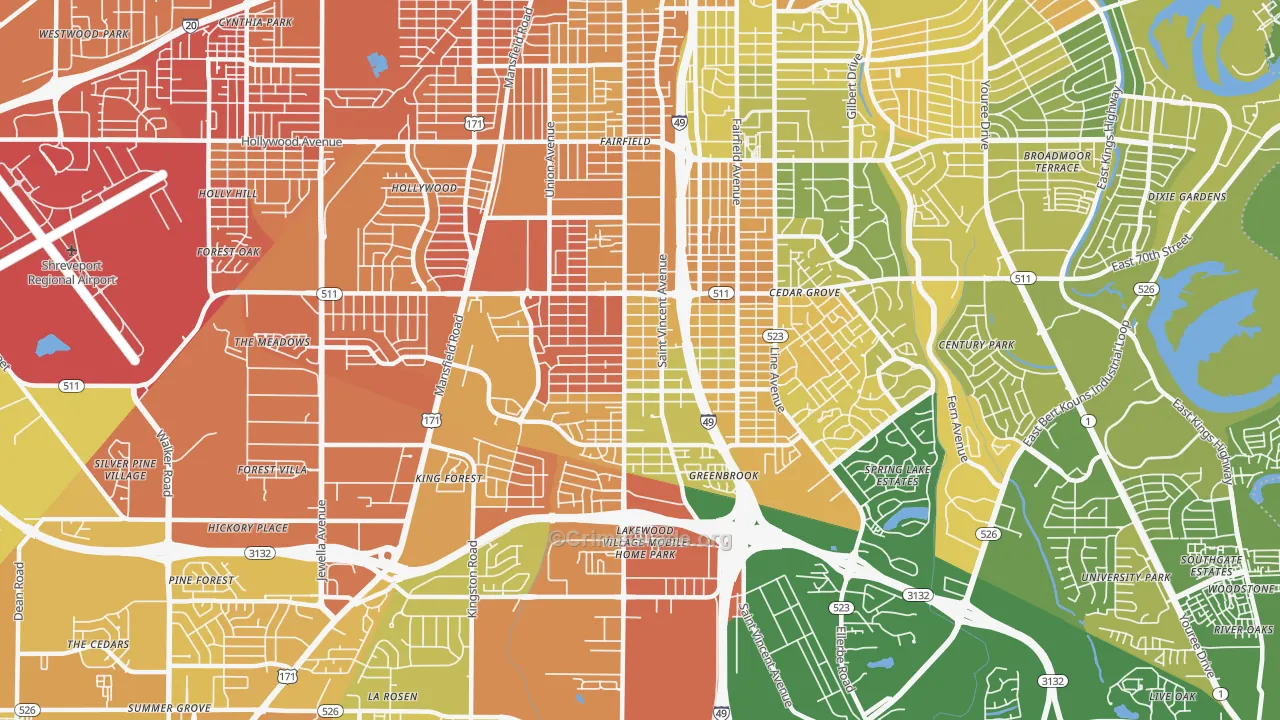 Ceder Grove-Lynbrook, Shreveport, LA Map of Murder Rates