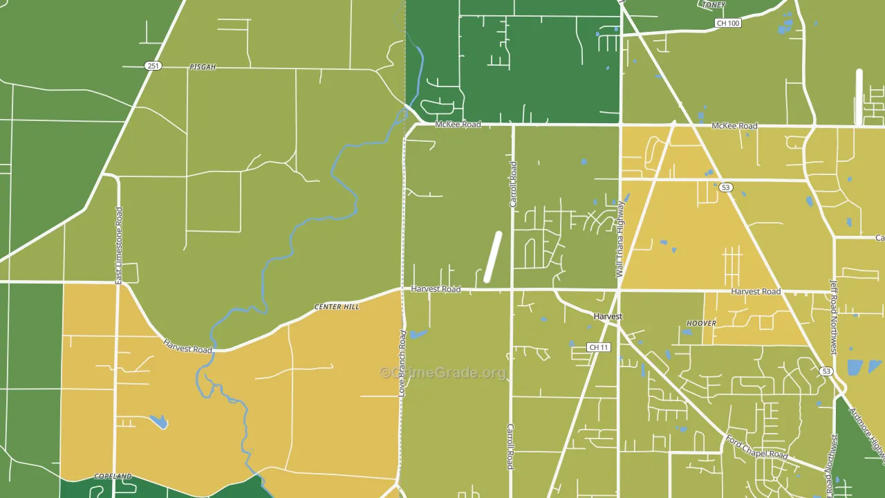 Center Hill, AL Map of Murder Rates