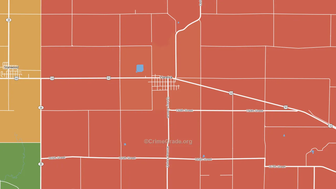 Clarence, IA Map of Murder Rates