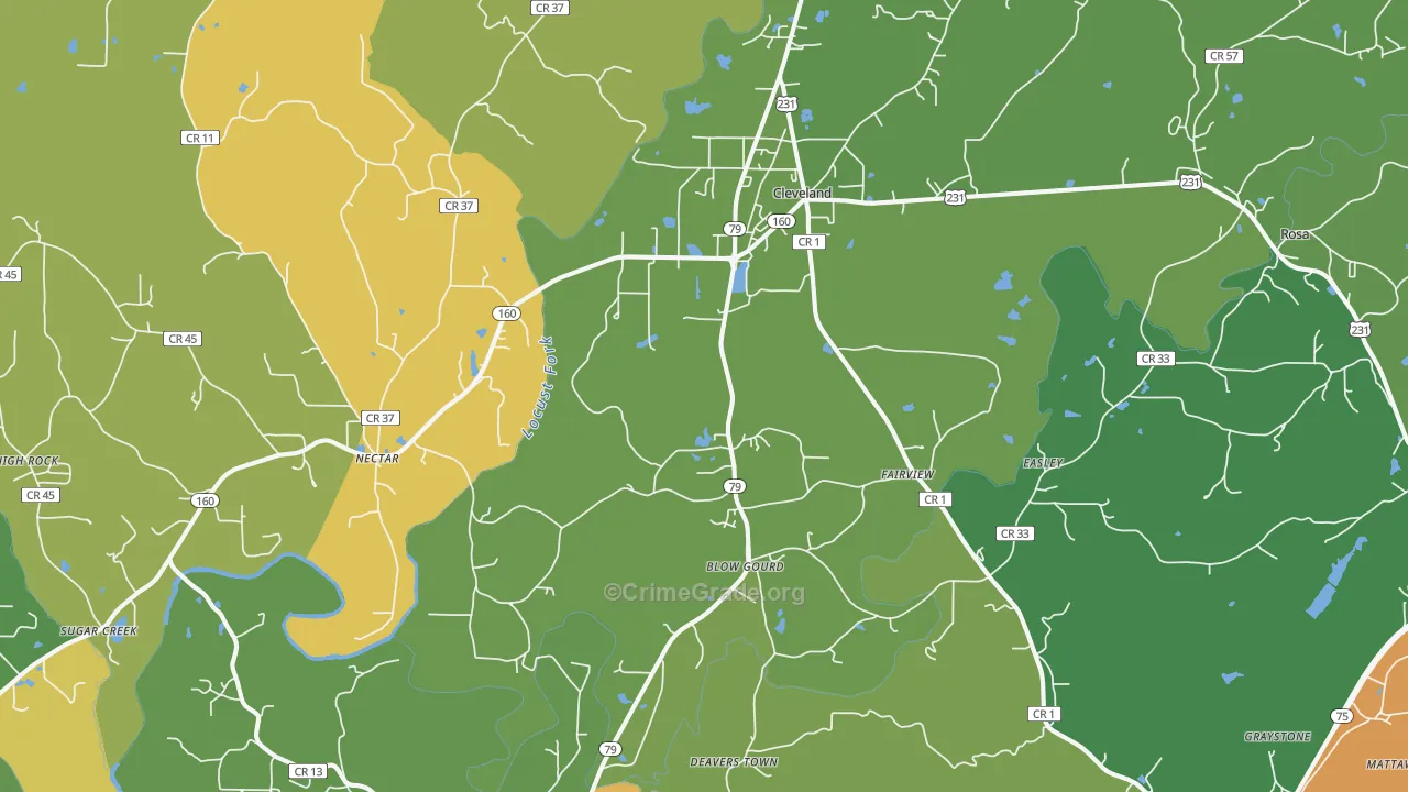 Cleveland, AL Map of Murder Rates