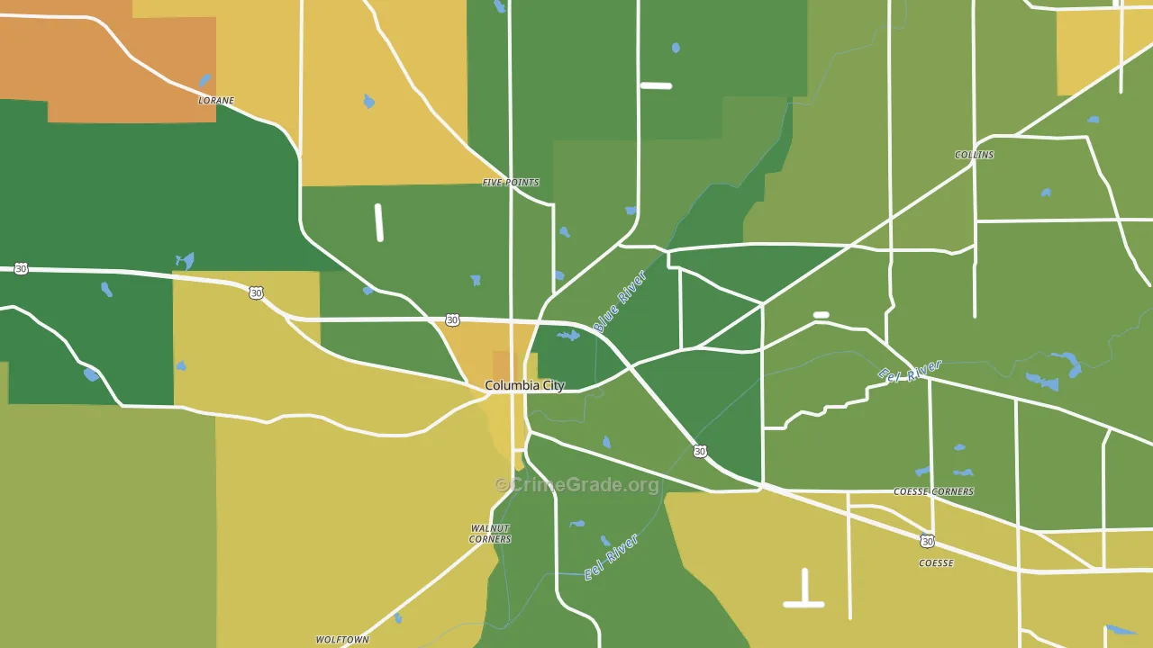 Columbia City, IN Map of Murder Rates